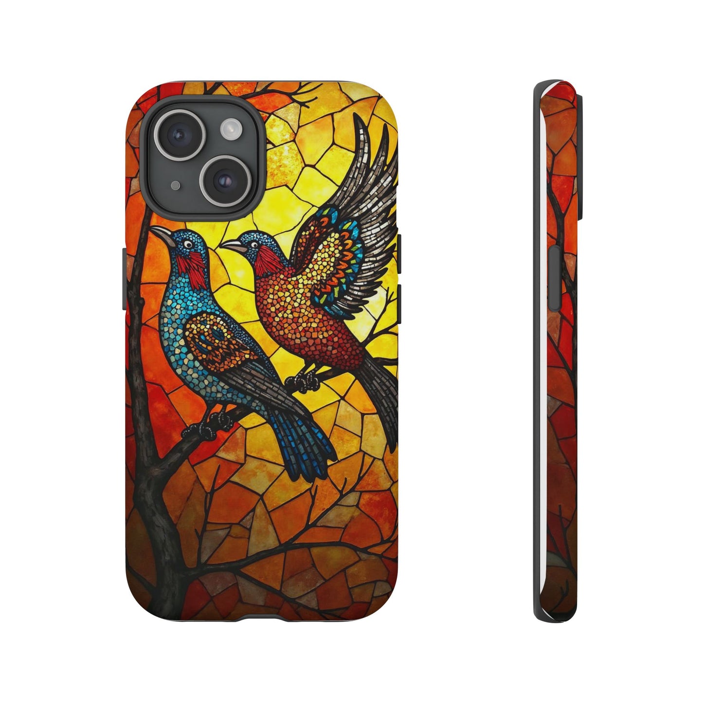Vibrant Hummingbirds with Stained Glass Charm