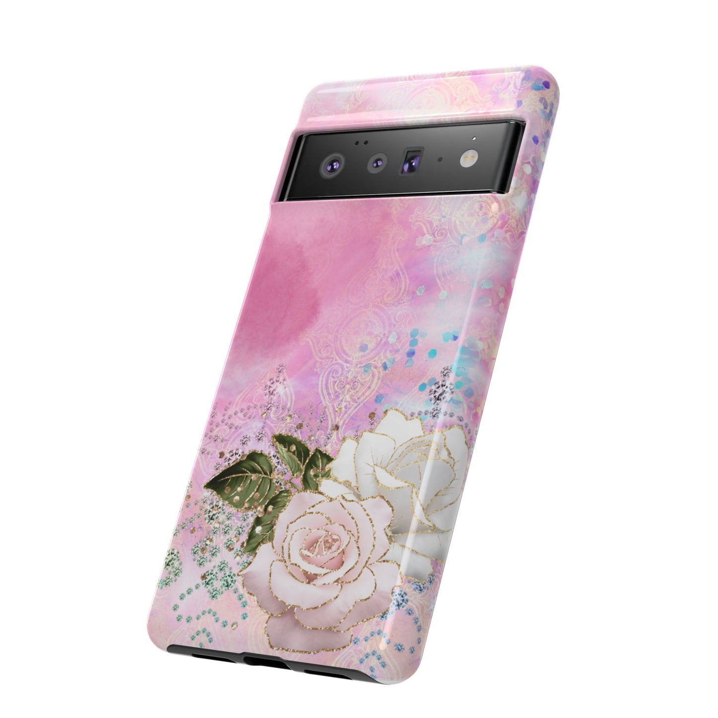 Luxury Pink & White Rose Glitter Mobile Case – Elegant & Shimmering Design