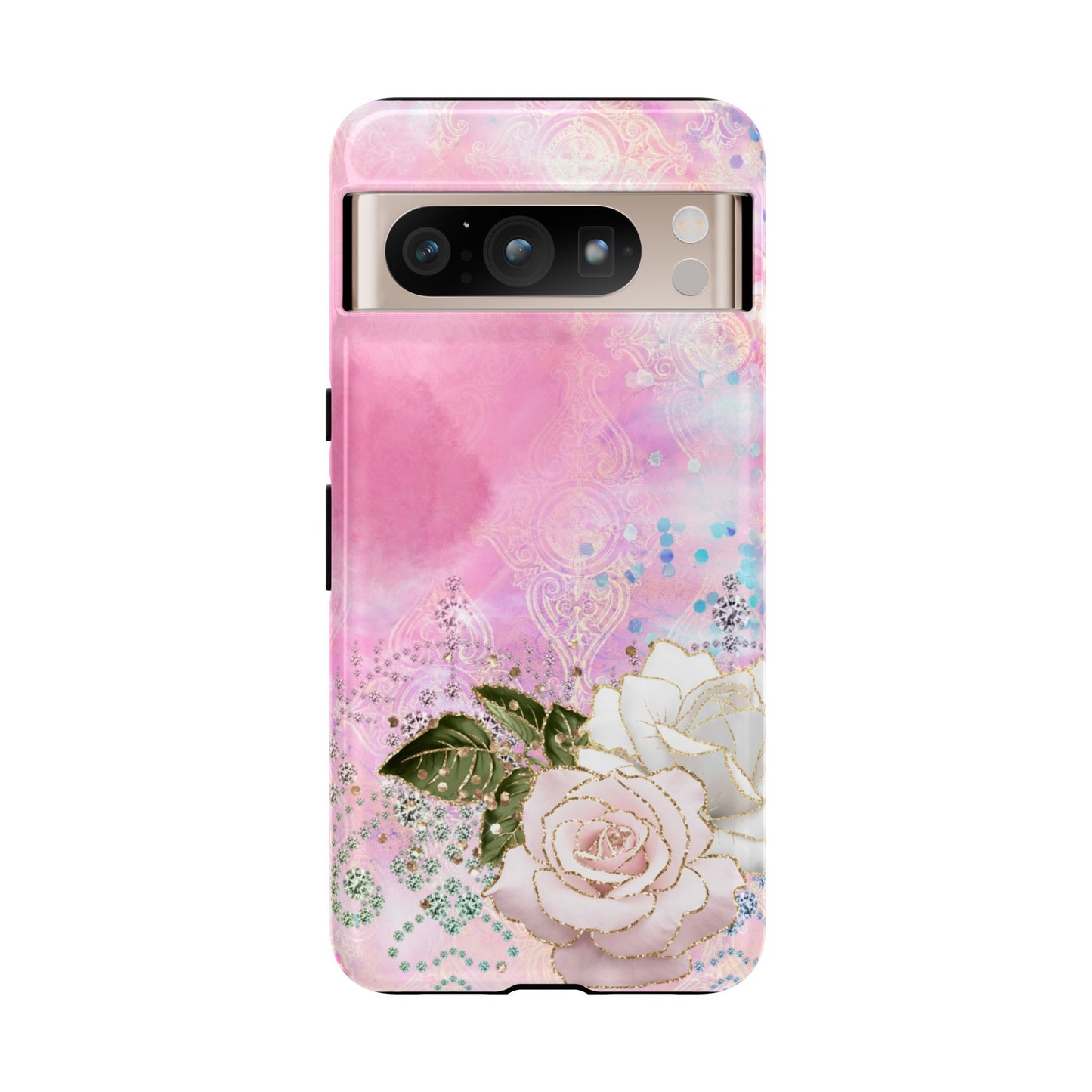 Luxury Pink & White Rose Glitter Mobile Case – Elegant & Shimmering Design