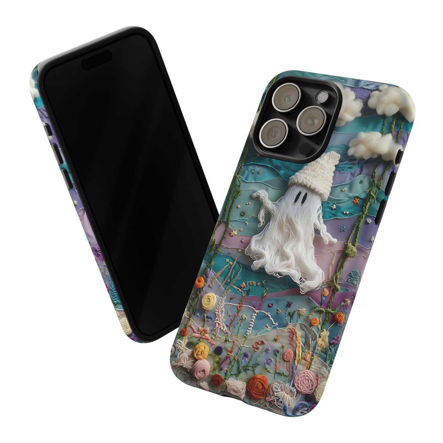 Whimsical Ghost Surrounded By Vibrant Embroidered Flowers phone case design.
