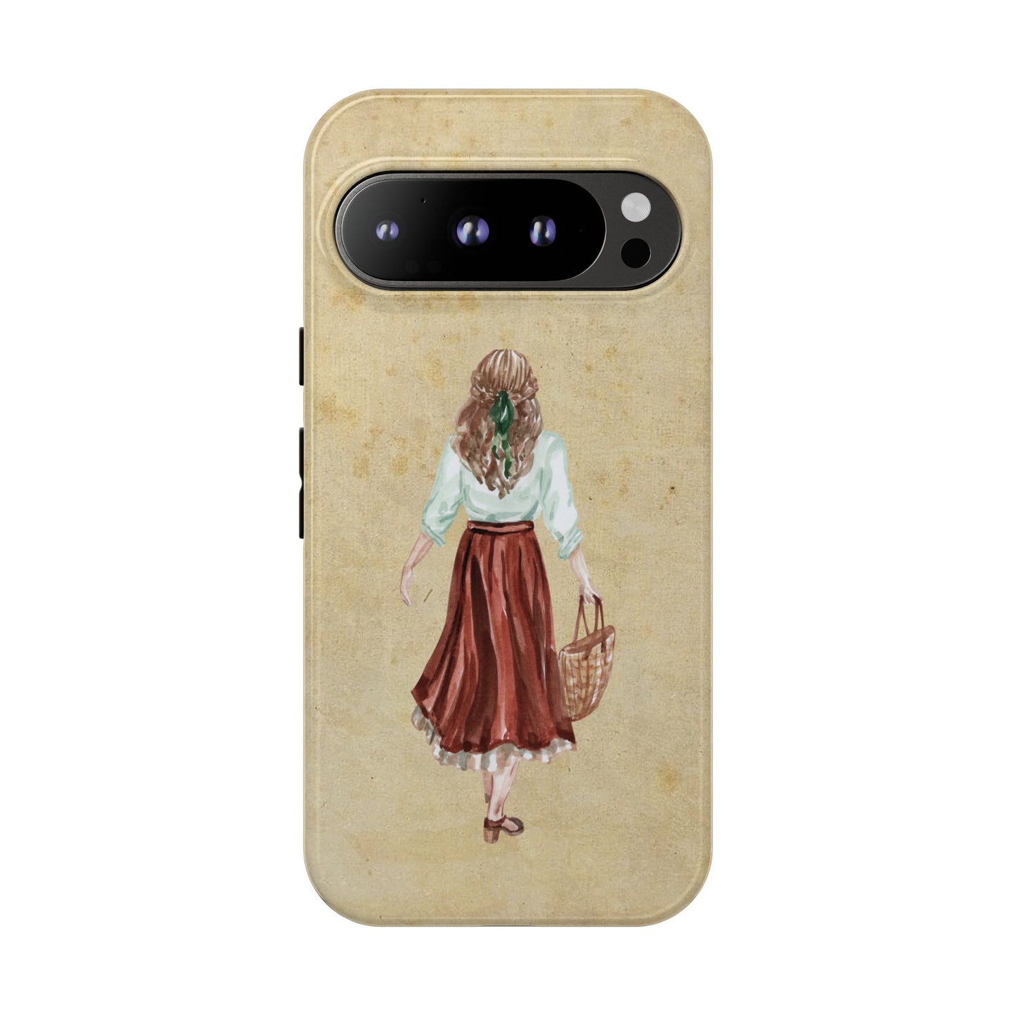 Minimal Vintage Girl with Bag Phone Case – Aesthetic Beige Design for iPhone, Samsung & Google Pixel