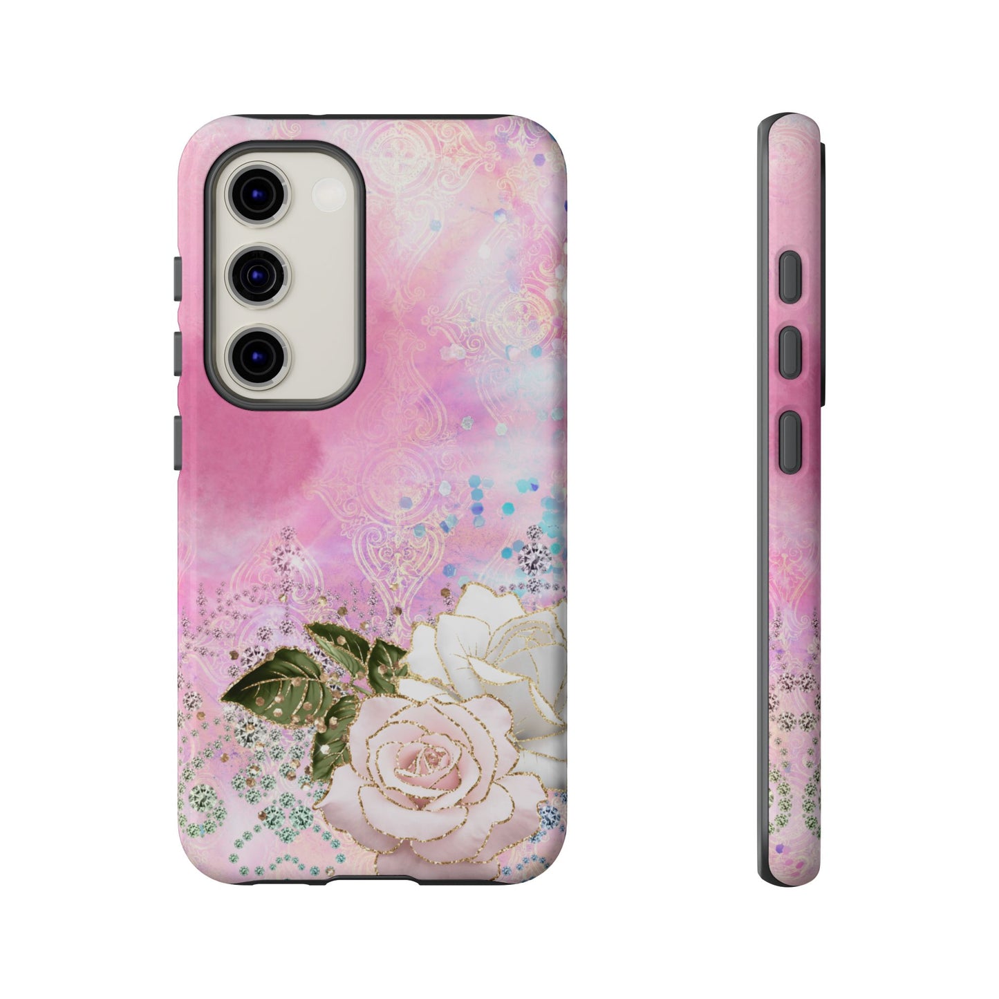 Luxury Pink & White Rose Glitter Mobile Case – Elegant & Shimmering Design
