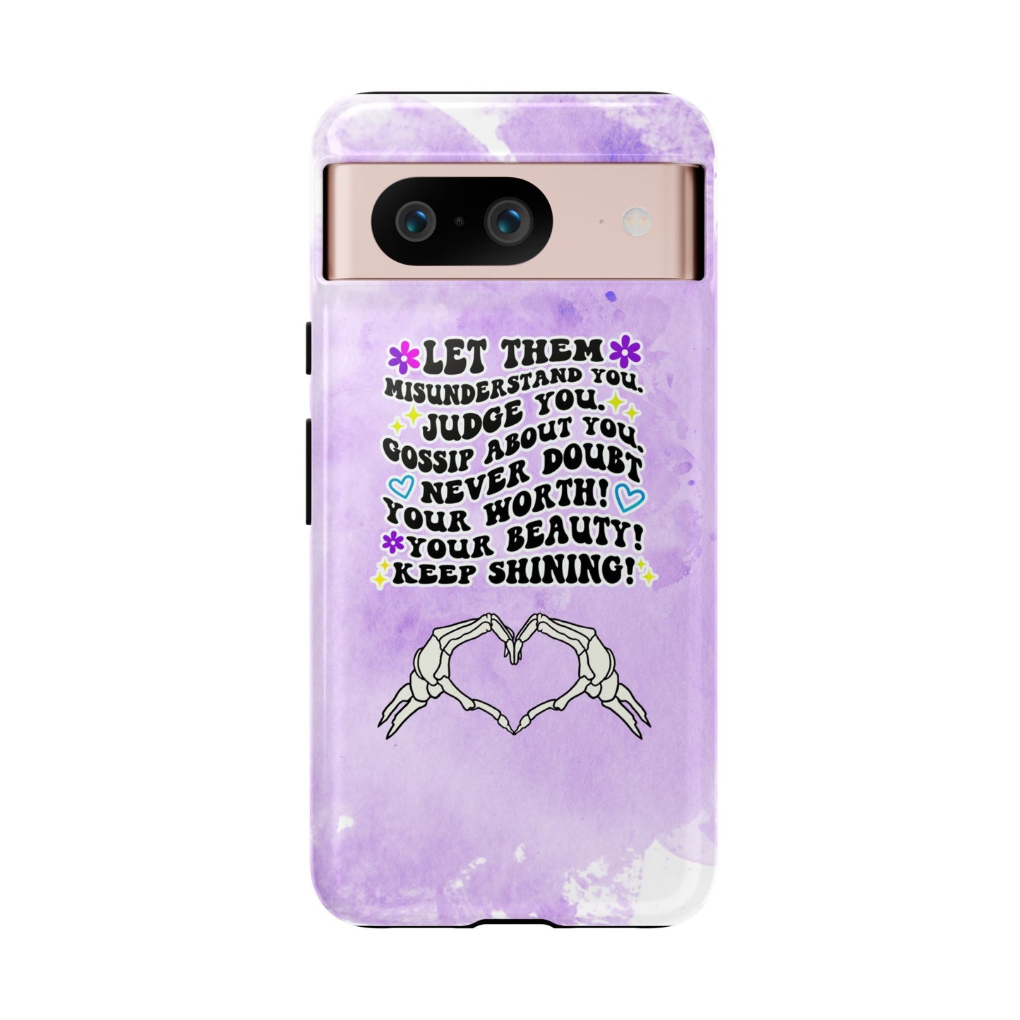 Skeleton Hand Heart Phone Case, Let Them Misunderstand You, Judge You, Gossip About You, Never Doubt Your Worth, Your Beauty Keep Shining Phone Case, Motivational Quote Cover for iPhone, Samsung & Google Pixel White Peach Checkered Pattern Phone Cover