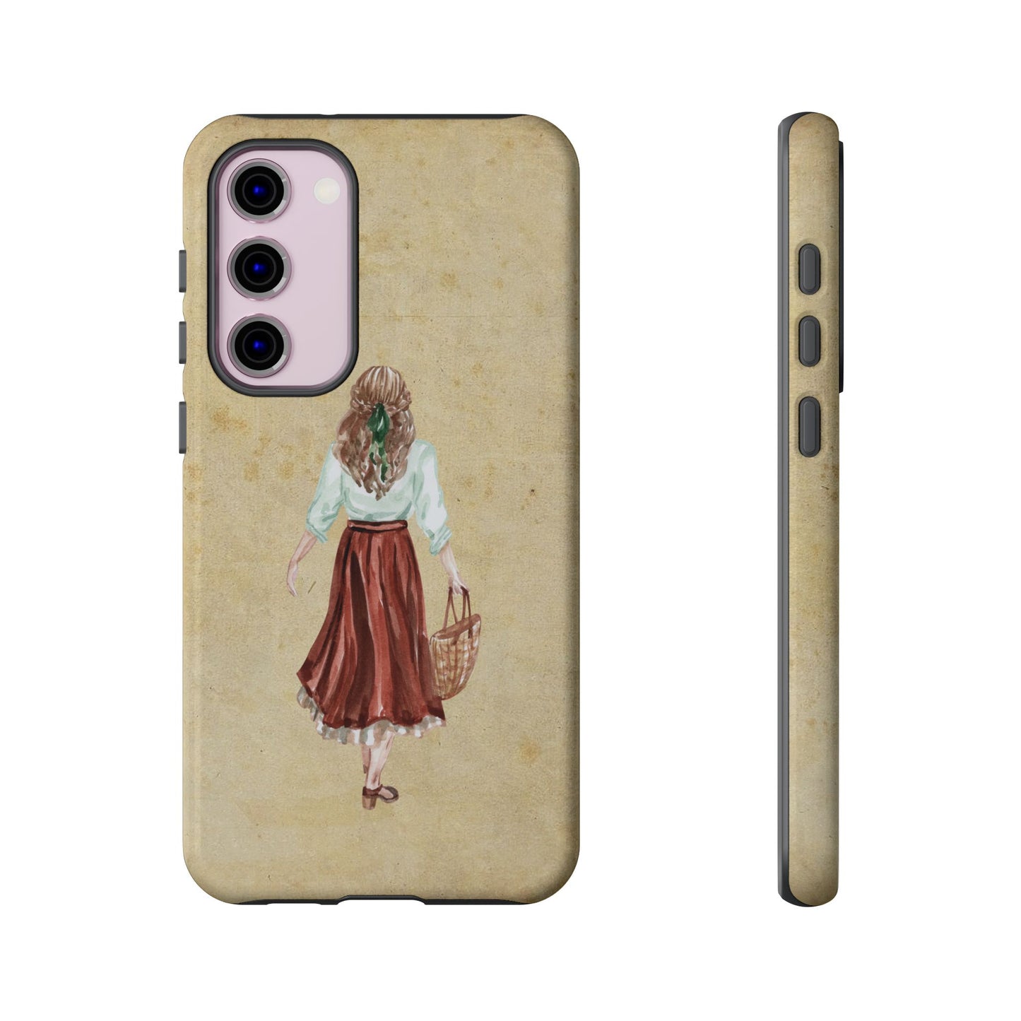 Minimal Vintage Girl with Bag Phone Case – Aesthetic Beige Design for iPhone, Samsung & Google Pixel