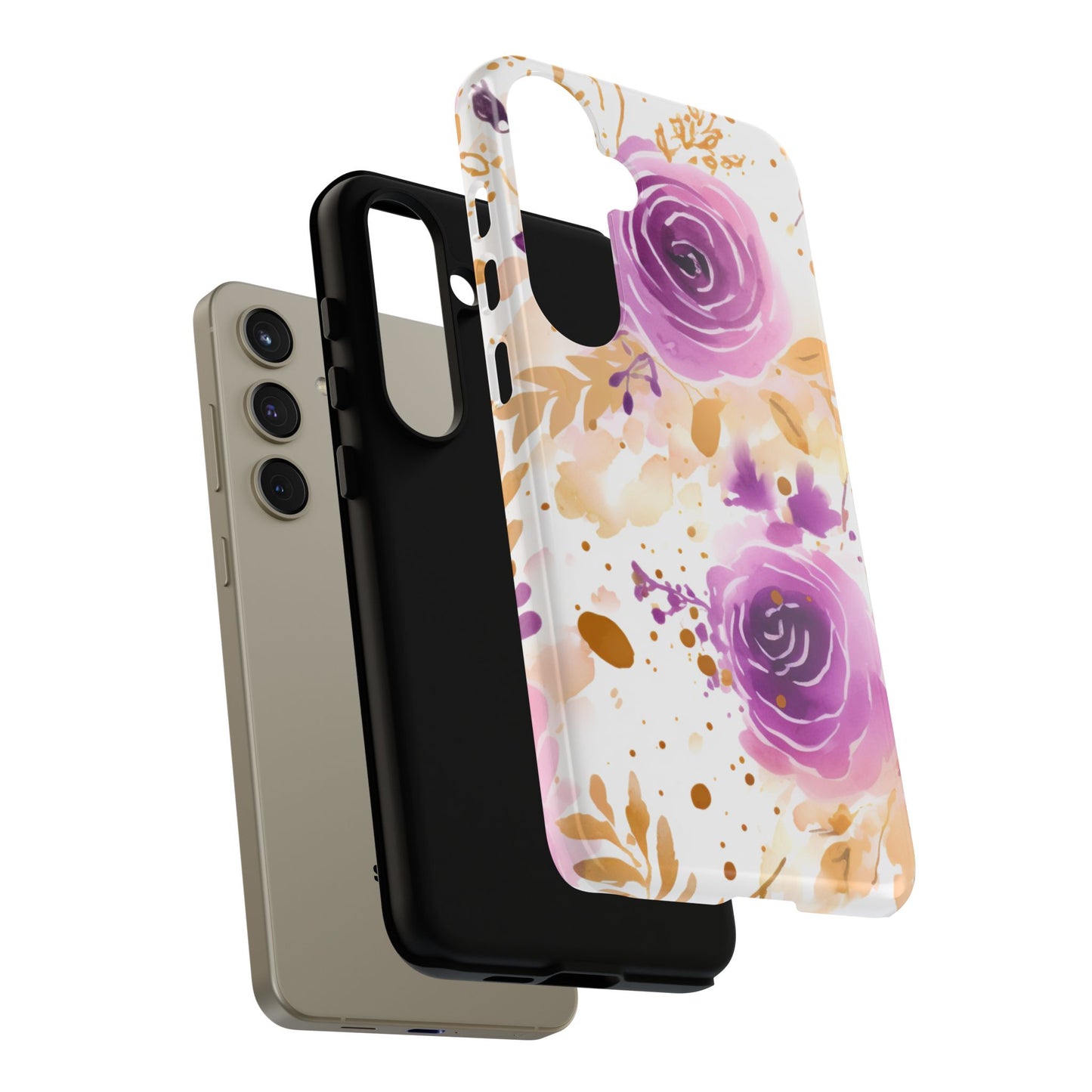 Purple Bloom Watercolor Mobile Case – Artistic Elegance in Gold & Lilac