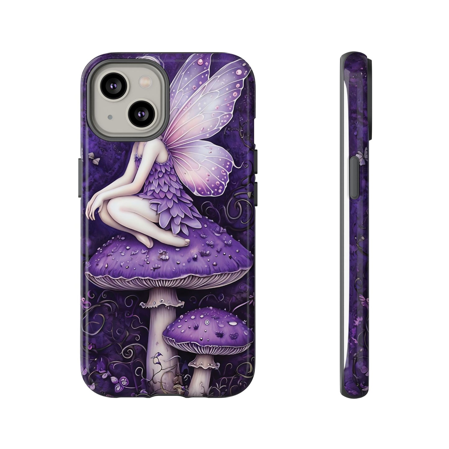 Whimsical Fairy Seated On Purple Mushroom In Enchanting Scene phone case design.