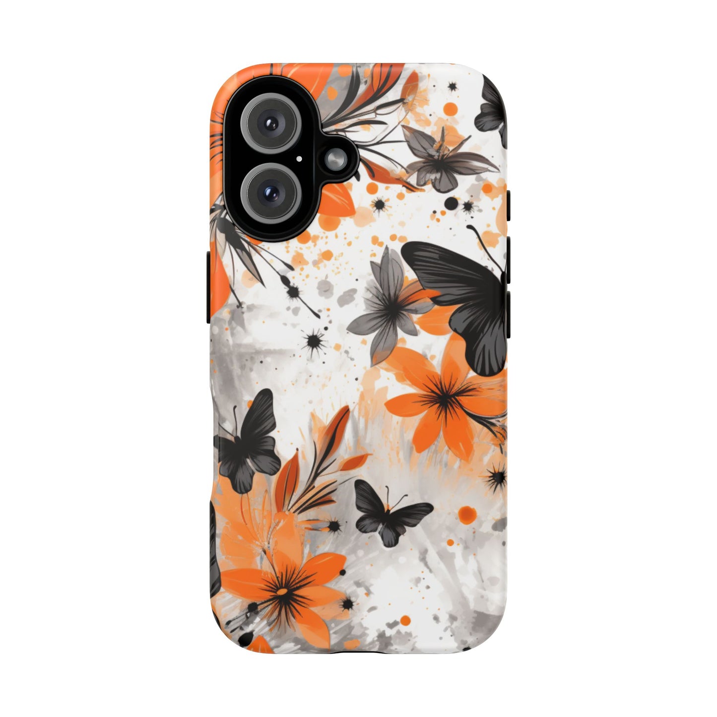 Bold Butterfly & Floral Splash Mobile Cover – Black & Orange Aesthetic