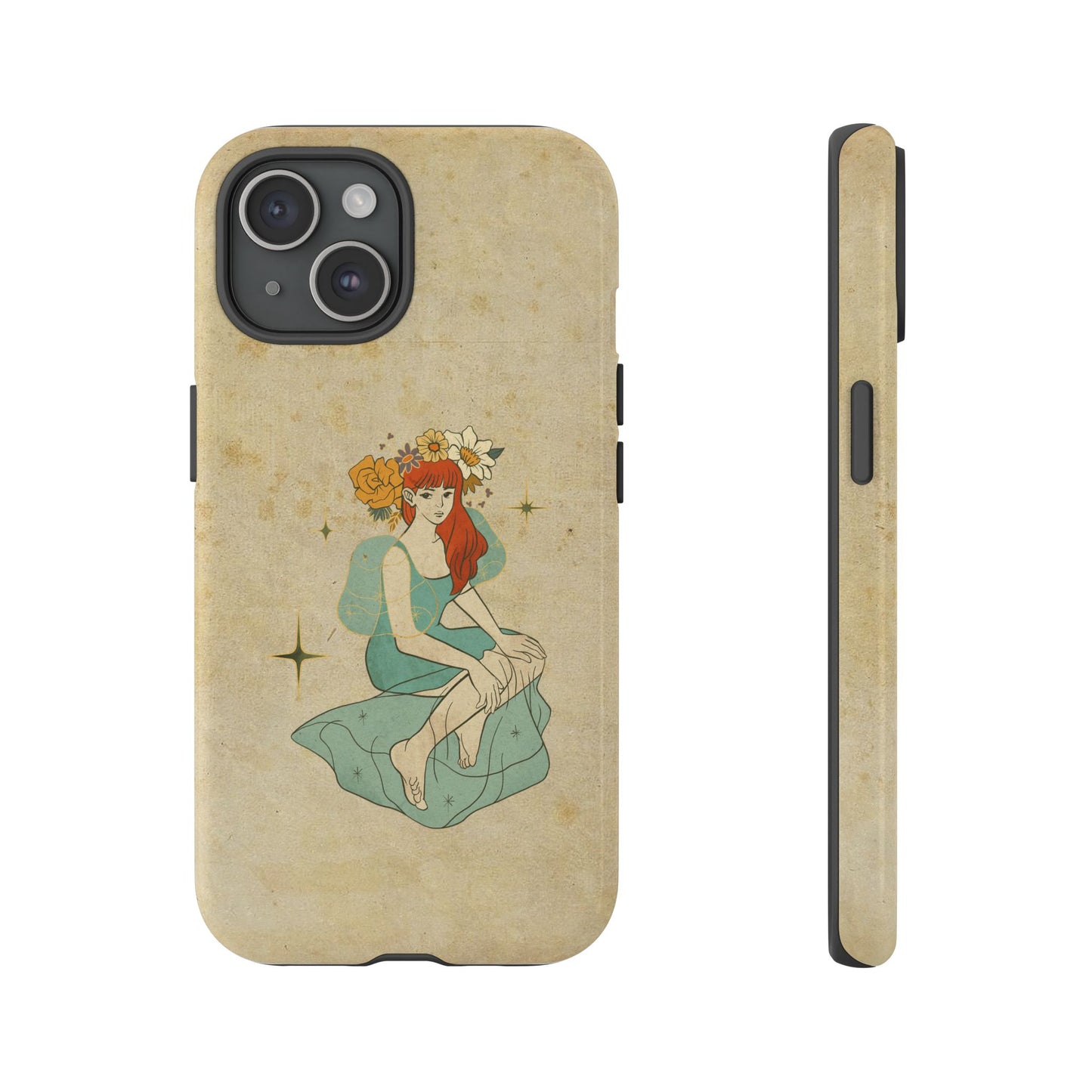 Vintage Aesthetic Phone Case – Cute Girl with Flower Crown | Minimal Beige Cover for iPhone, Samsung & Pixel