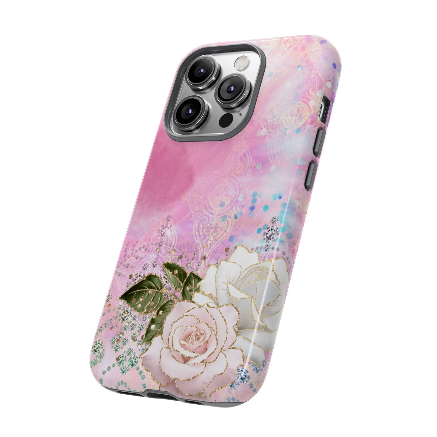 Luxury Pink & White Rose Glitter Mobile Case – Elegant & Shimmering Design