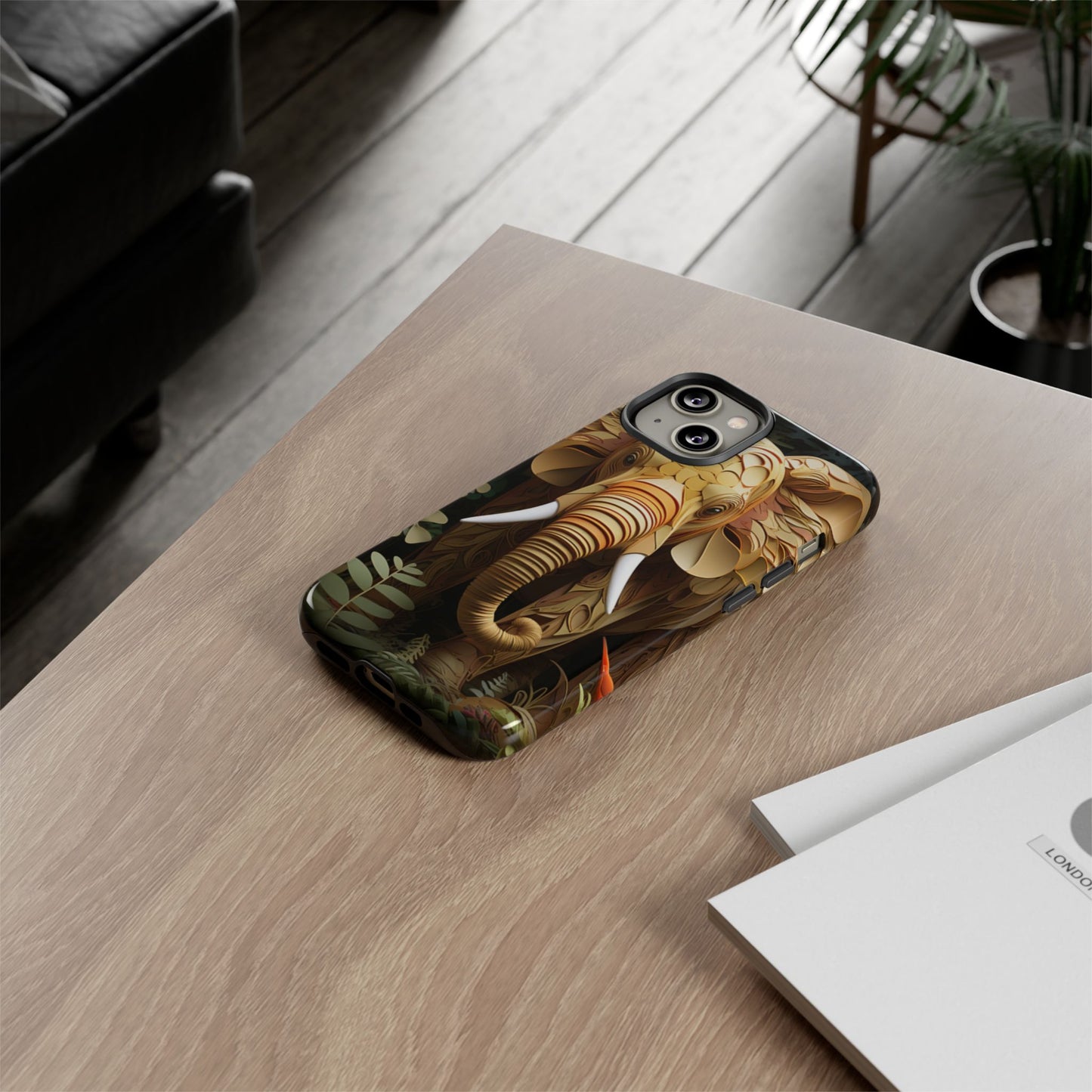 Golden Jungle Elephant Mobile Cover – Intricate Paper Art Design