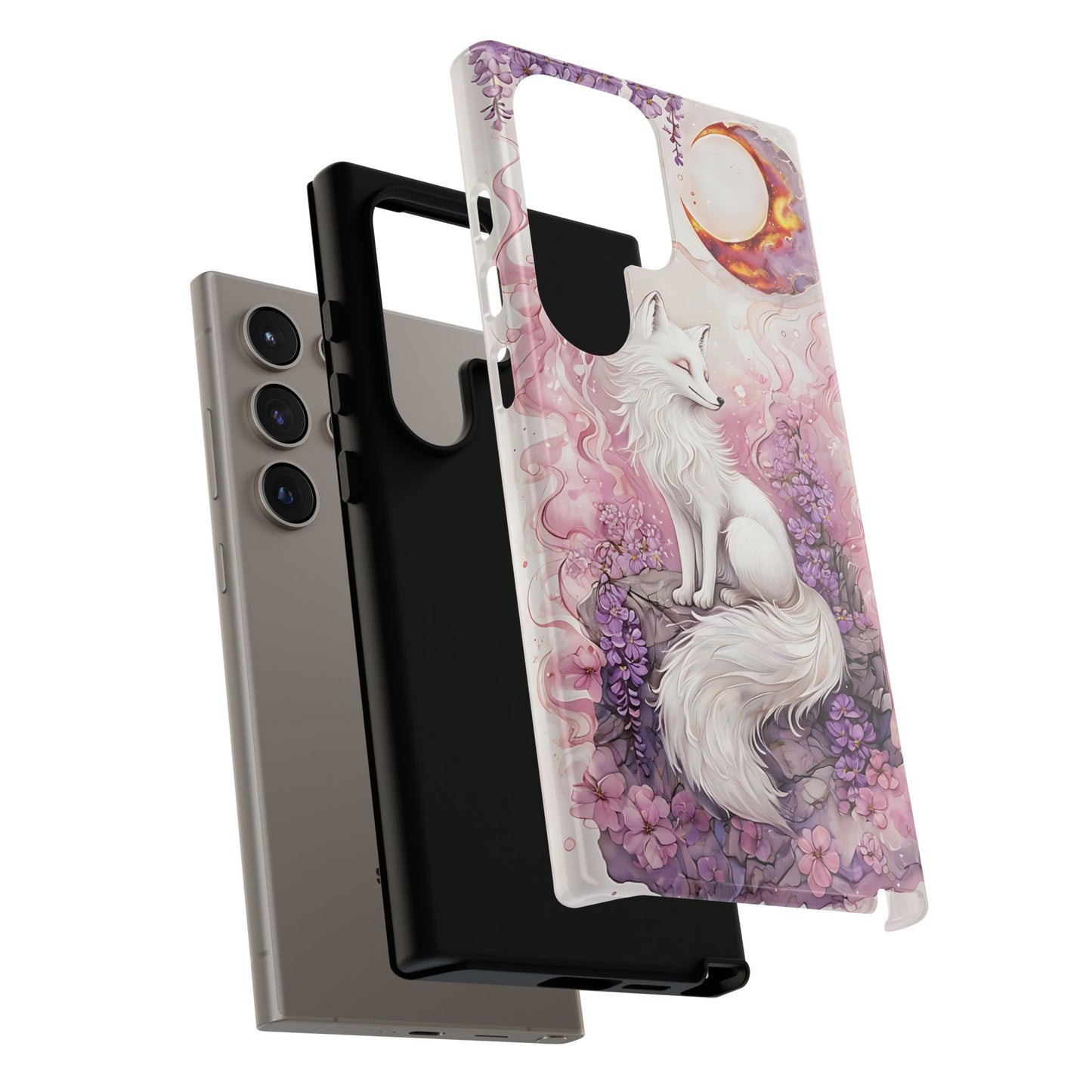 Whimsical White Fox Surrounded By Lavender And Pink Blooms phone case design.