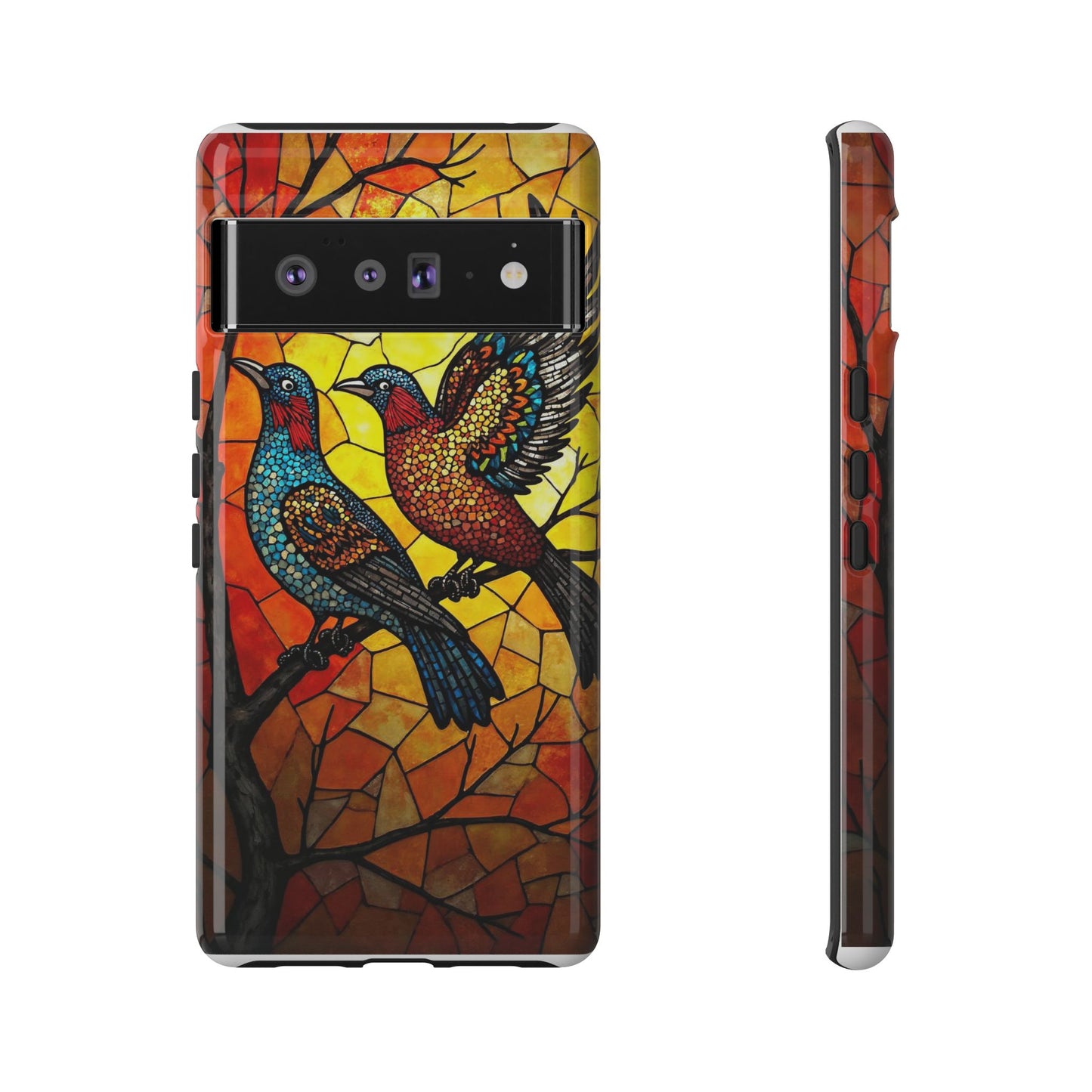 Vibrant Hummingbirds with Stained Glass Charm