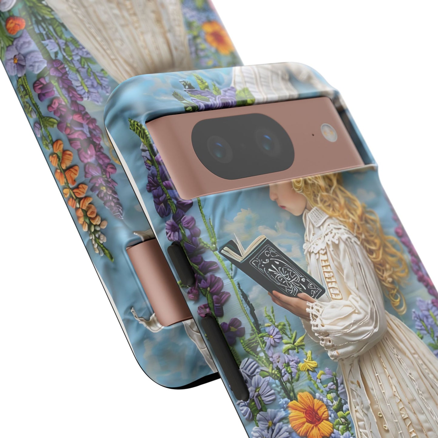 Whimsical Embroidery Of A Girl Reading In A Garden phone case design.