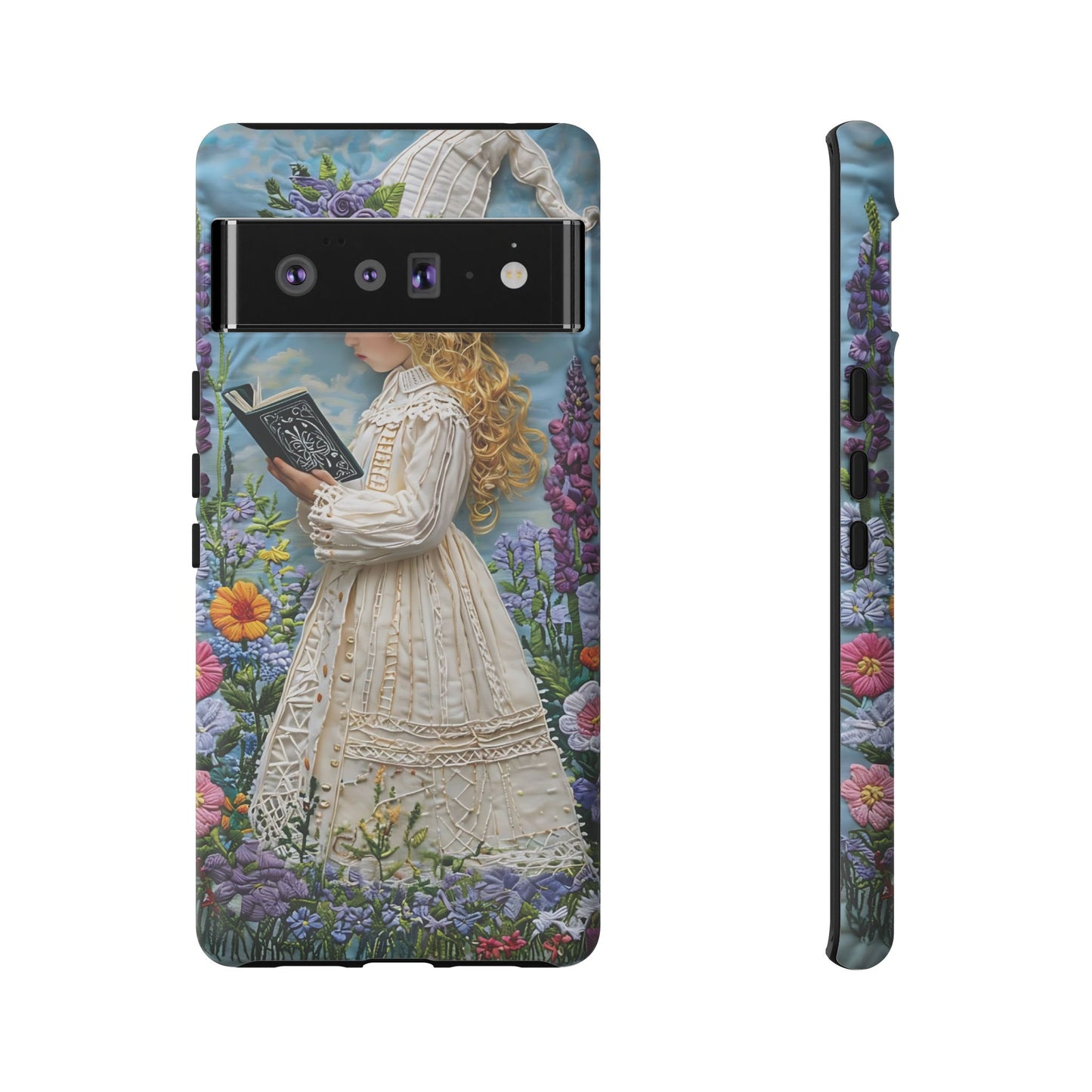 Whimsical Embroidery Of A Girl Reading In A Garden phone case design.