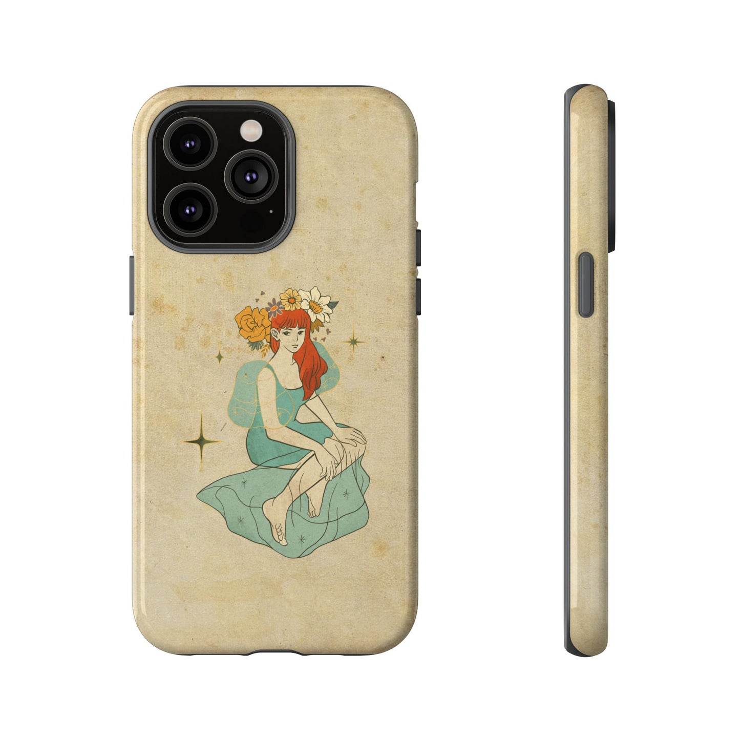 Vintage Aesthetic Phone Case – Cute Girl with Flower Crown | Minimal Beige Cover for iPhone, Samsung & Pixel