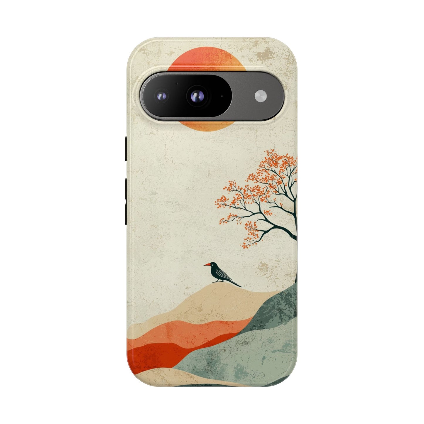 Crimson Solitude: A Minimalist Landscape Phone Case for iPhone, Samsung & Pixel