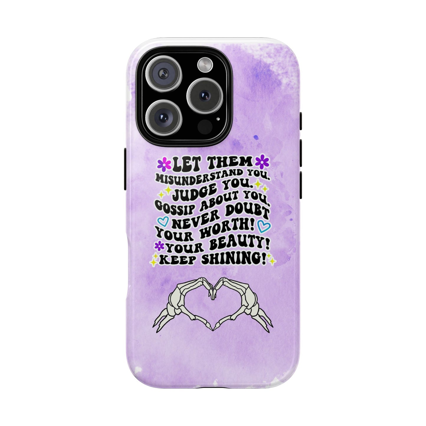 Skeleton Hand Heart Phone Case, Let Them Misunderstand You, Judge You, Gossip About You, Never Doubt Your Worth, Your Beauty Keep Shining Phone Case, Motivational Quote Cover for iPhone, Samsung & Google Pixel White Peach Checkered Pattern Phone Cover