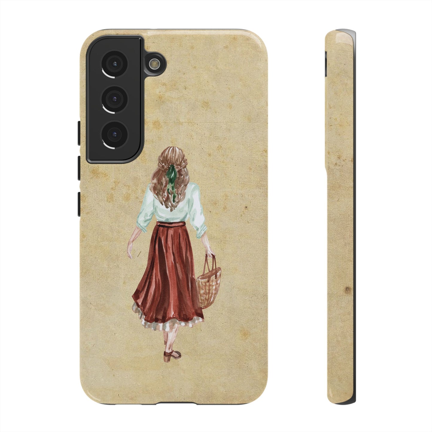 Minimal Vintage Girl with Bag Phone Case – Aesthetic Beige Design for iPhone, Samsung & Google Pixel
