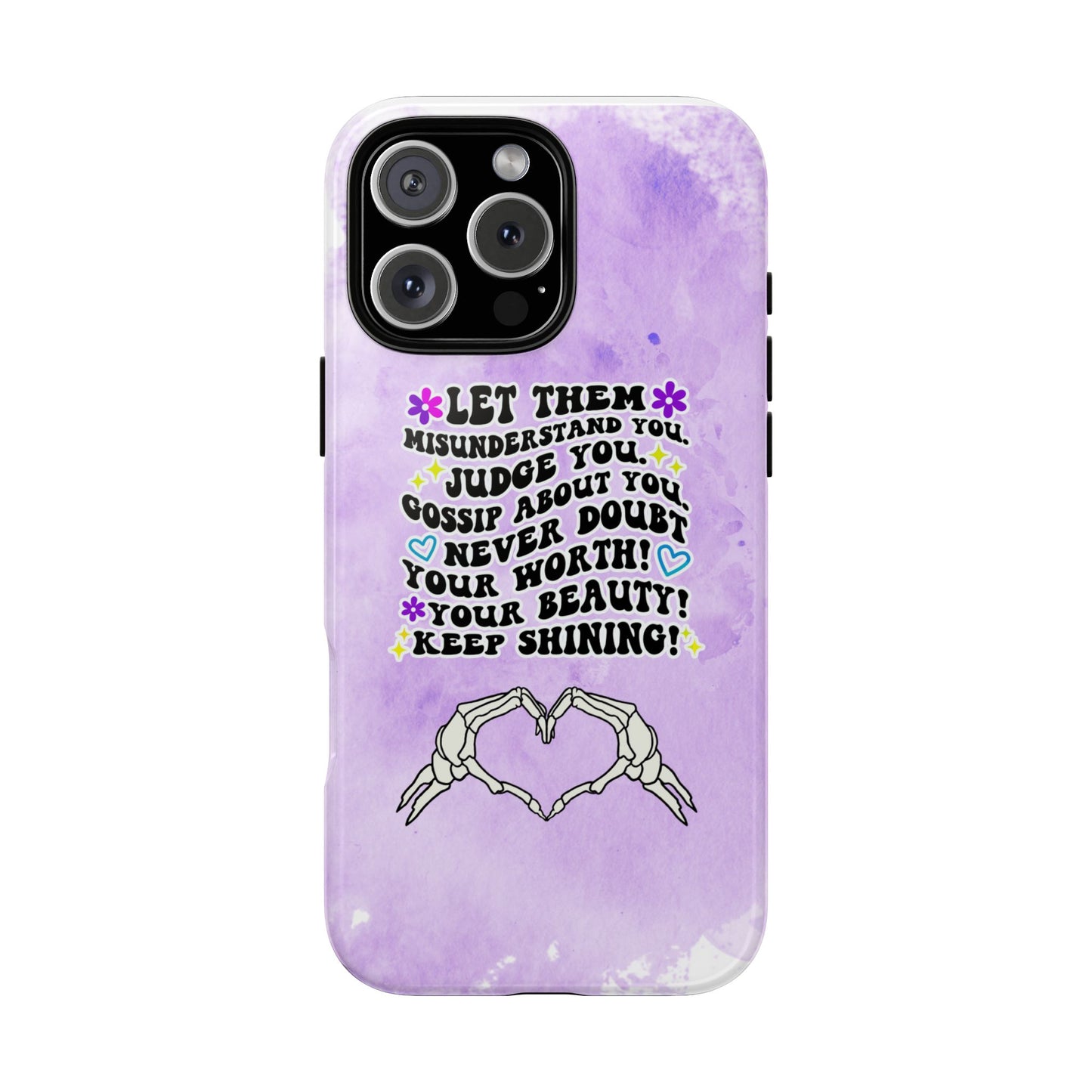 Skeleton Hand Heart Phone Case, Let Them Misunderstand You, Judge You, Gossip About You, Never Doubt Your Worth, Your Beauty Keep Shining Phone Case, Motivational Quote Cover for iPhone, Samsung & Google Pixel White Peach Checkered Pattern Phone Cover