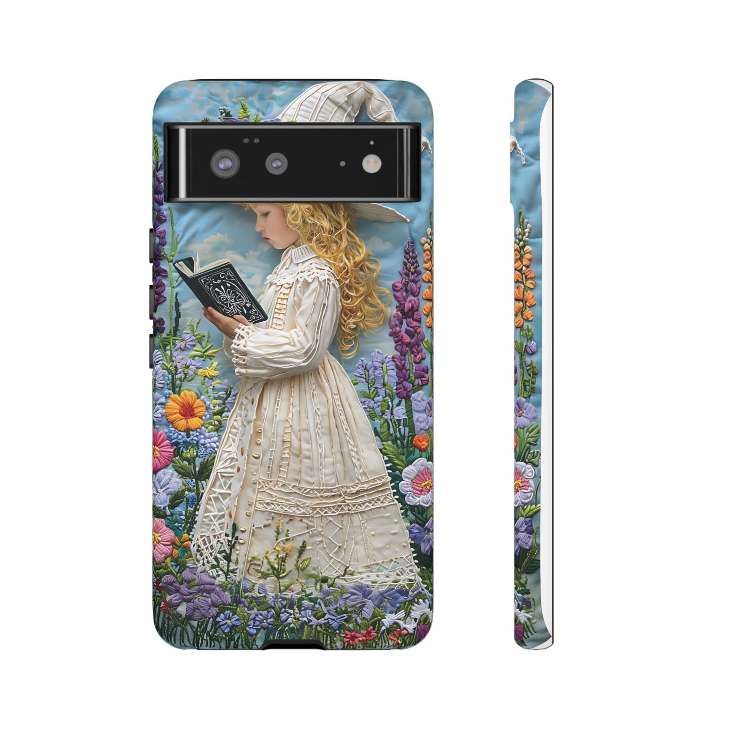 Whimsical Embroidery Of A Girl Reading In A Garden phone case design.