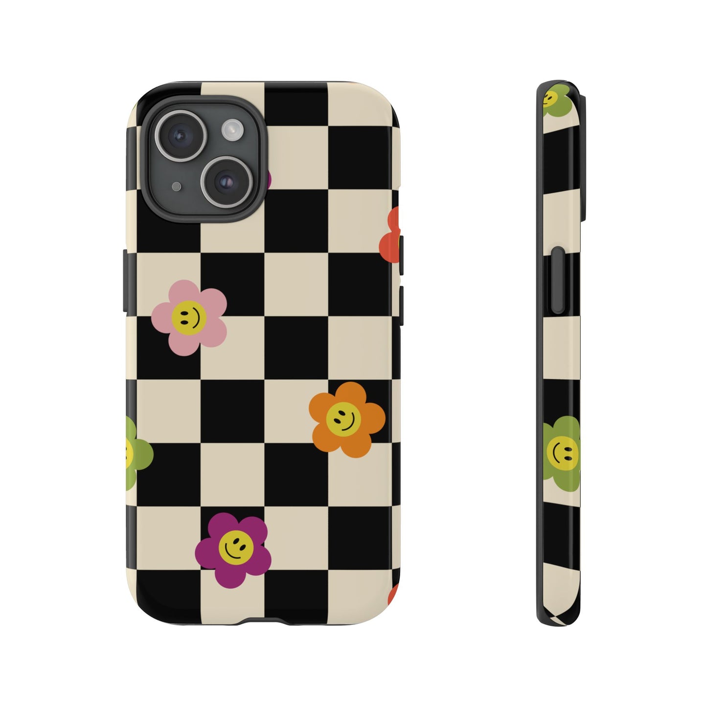Retro Floral Phone Case – Vintage Flowers on Black & Beige Tiles, Chess Phone Case | For iPhone, Samsung & Google Pixel