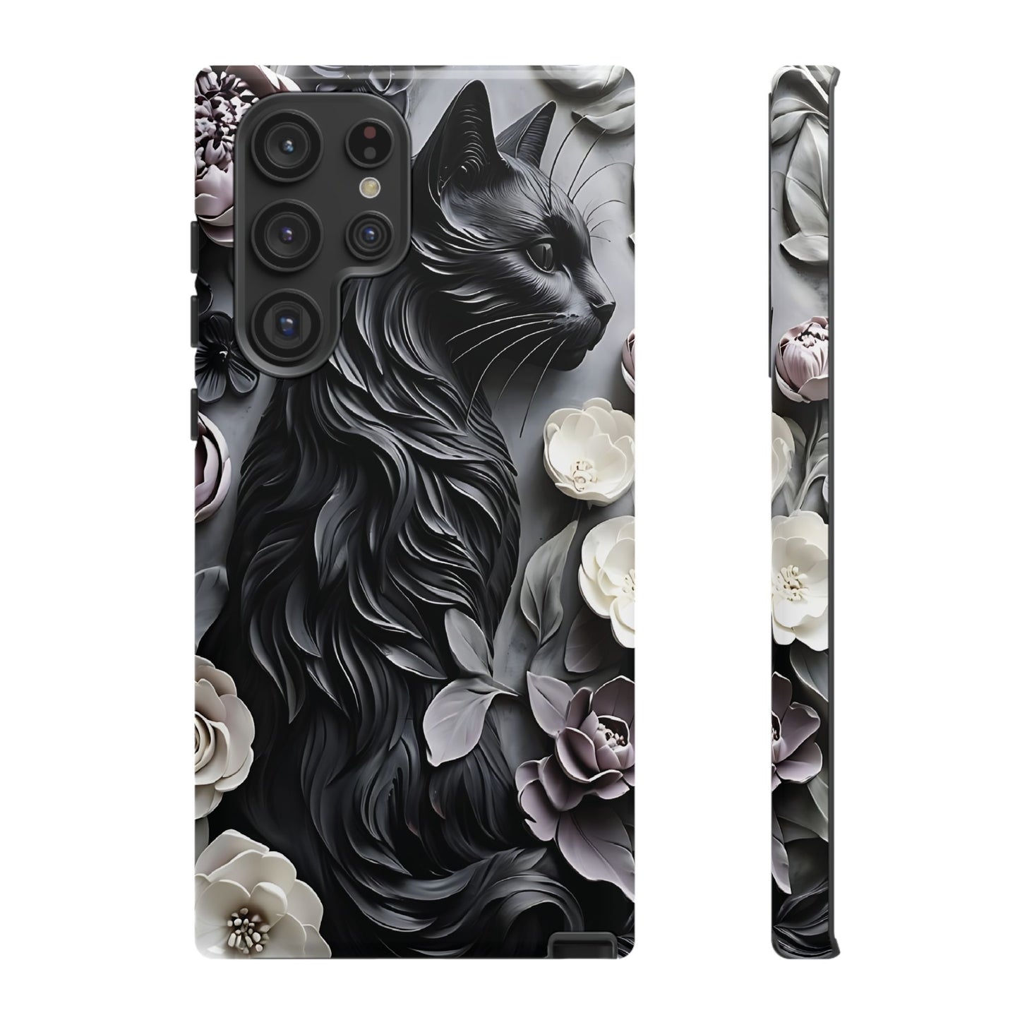Intricate Bas-Relief Sculpture Of Black Cat Among Flowers phone case design