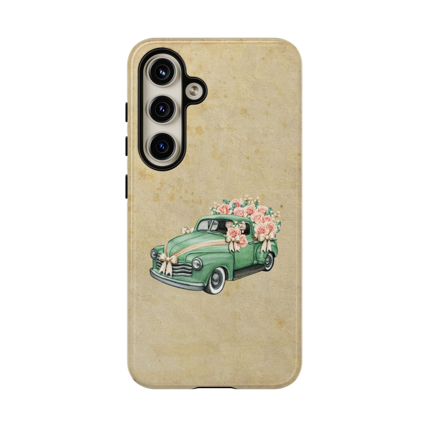Minimal Vintage Floral Car Phone Case – Green Classic Car on Beige Background – for iPhone, Samsung & Google Pixel
