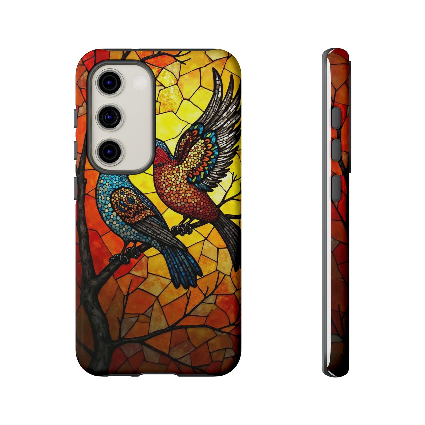 Vibrant Hummingbirds with Stained Glass Charm
