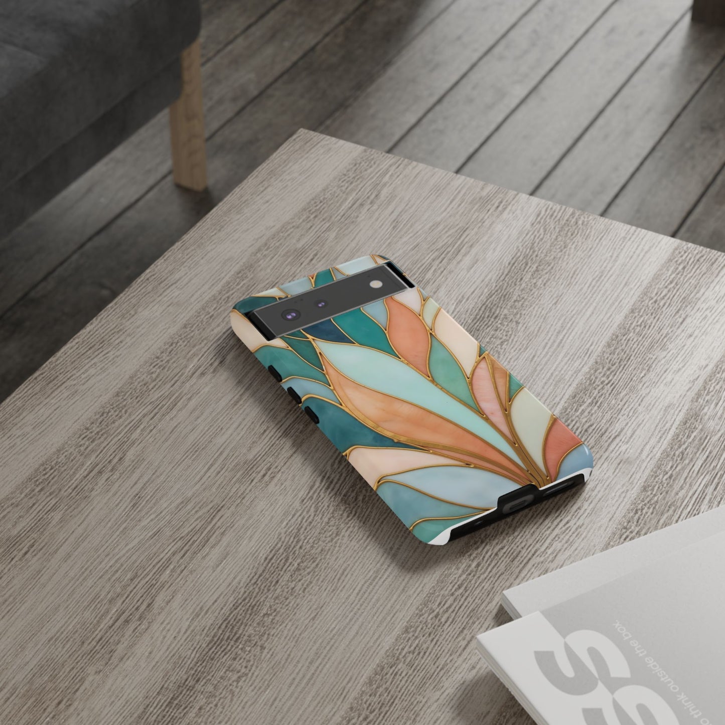 Geometric Leaves: Teal, Peach, and Gold Harmony