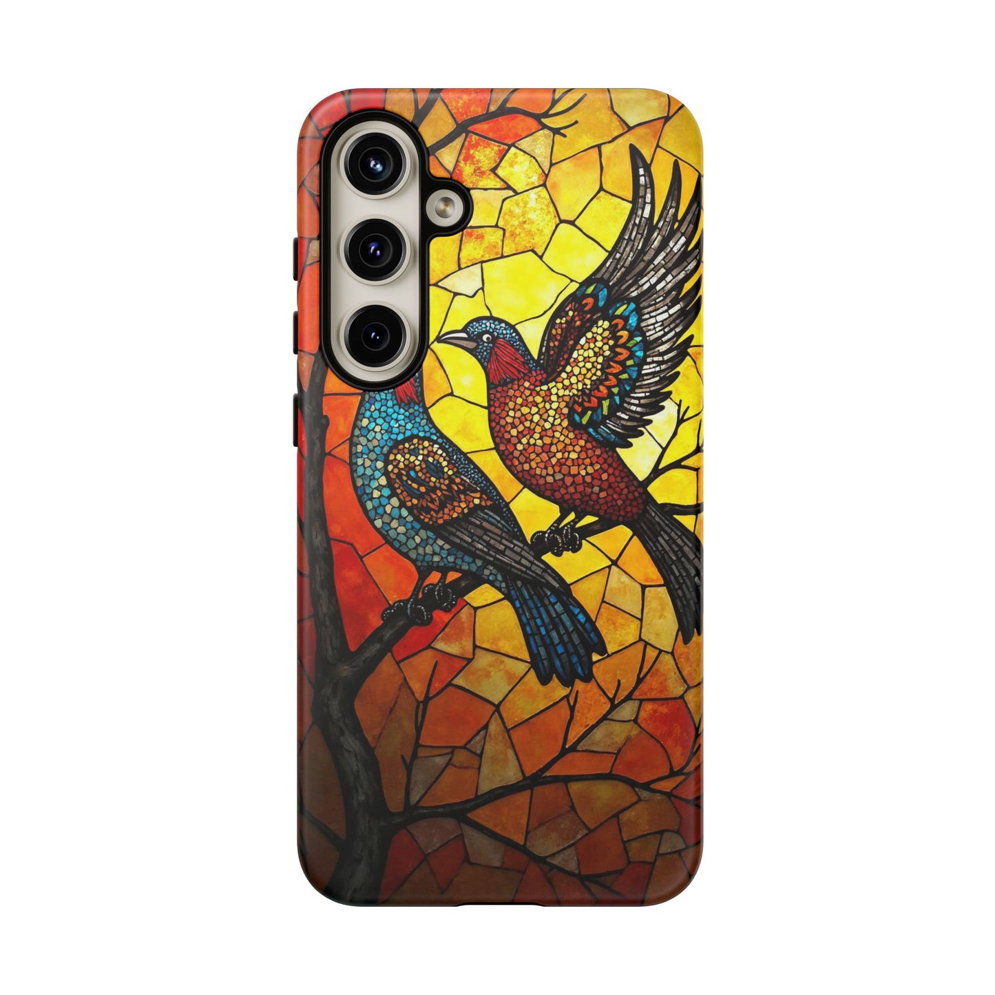 Vibrant Hummingbirds with Stained Glass Charm