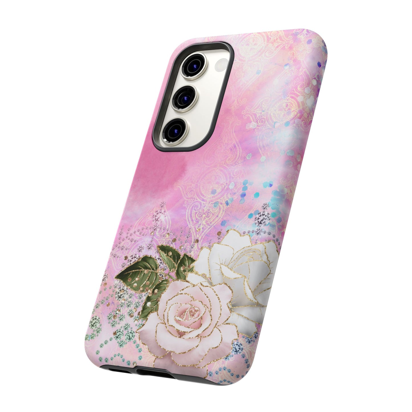 Luxury Pink & White Rose Glitter Mobile Case – Elegant & Shimmering Design