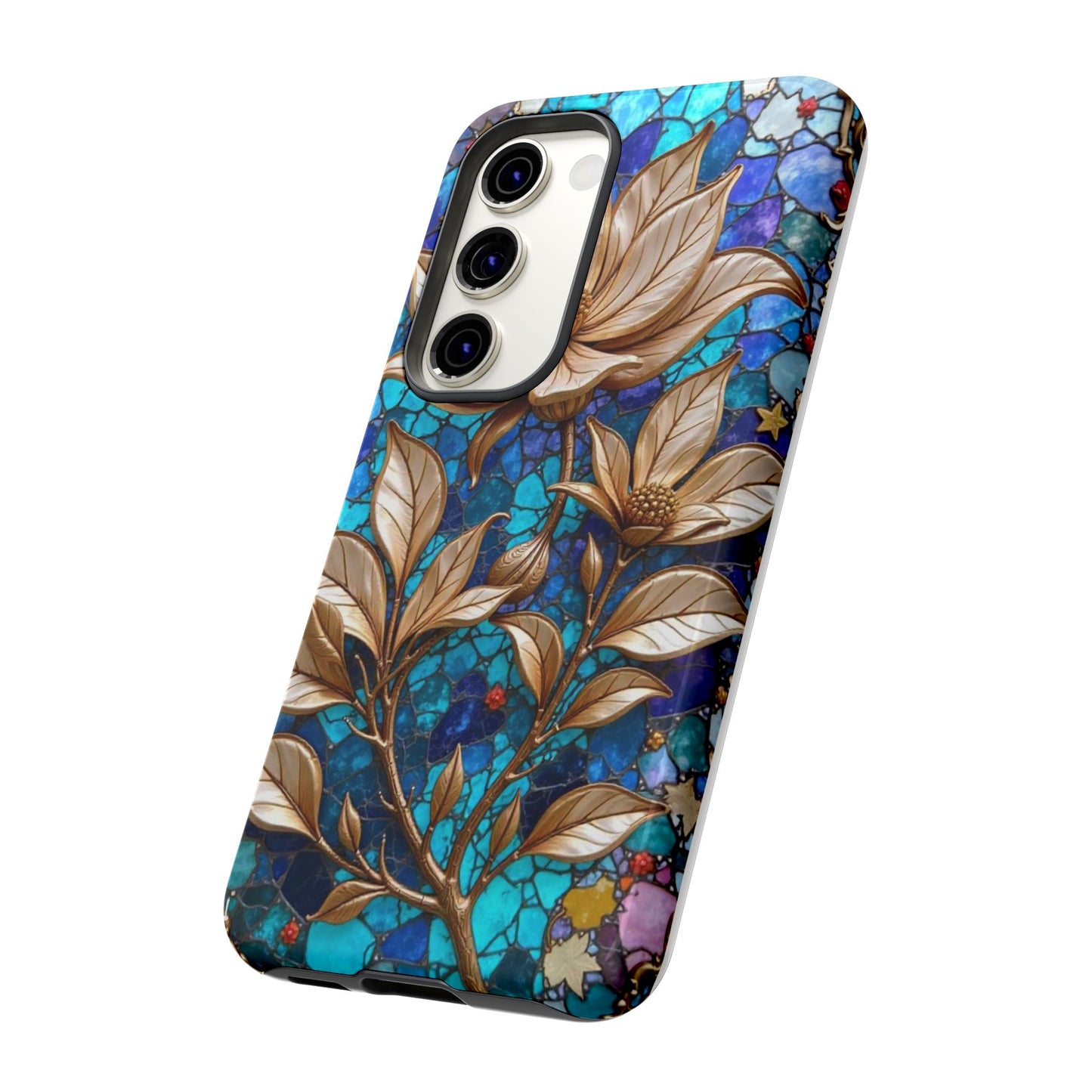 Golden Blossoms on Mosaic Blue Elegance