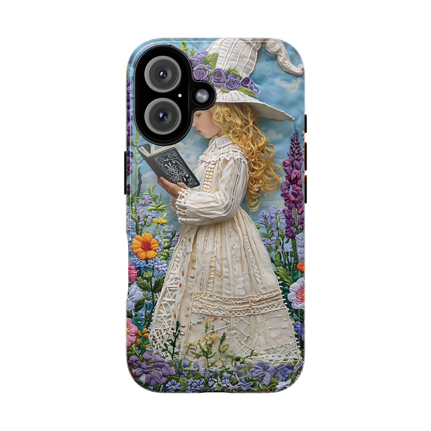 Whimsical Embroidery Of A Girl Reading In A Garden phone case design.