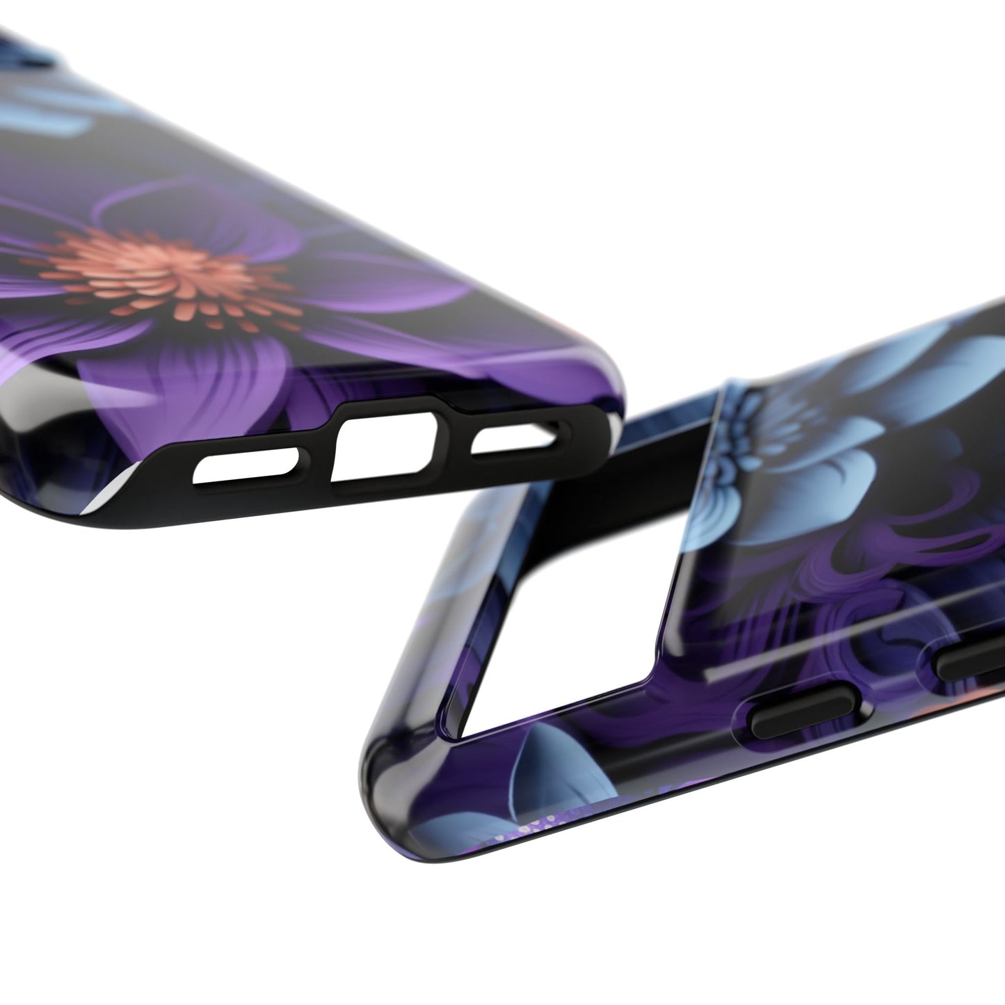 3D Floral Elegance Mobile Case – Midnight Blue & Purple Bloom