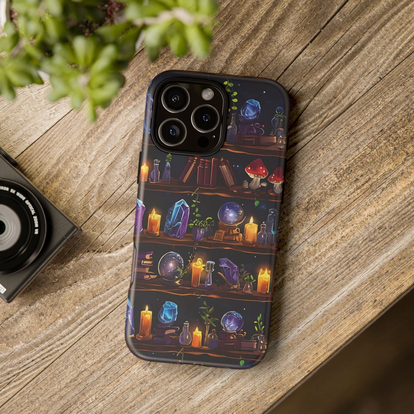 Fantasy Seamless Pattern Of Wooden Shelves Filled With Mystical Items phone case design.