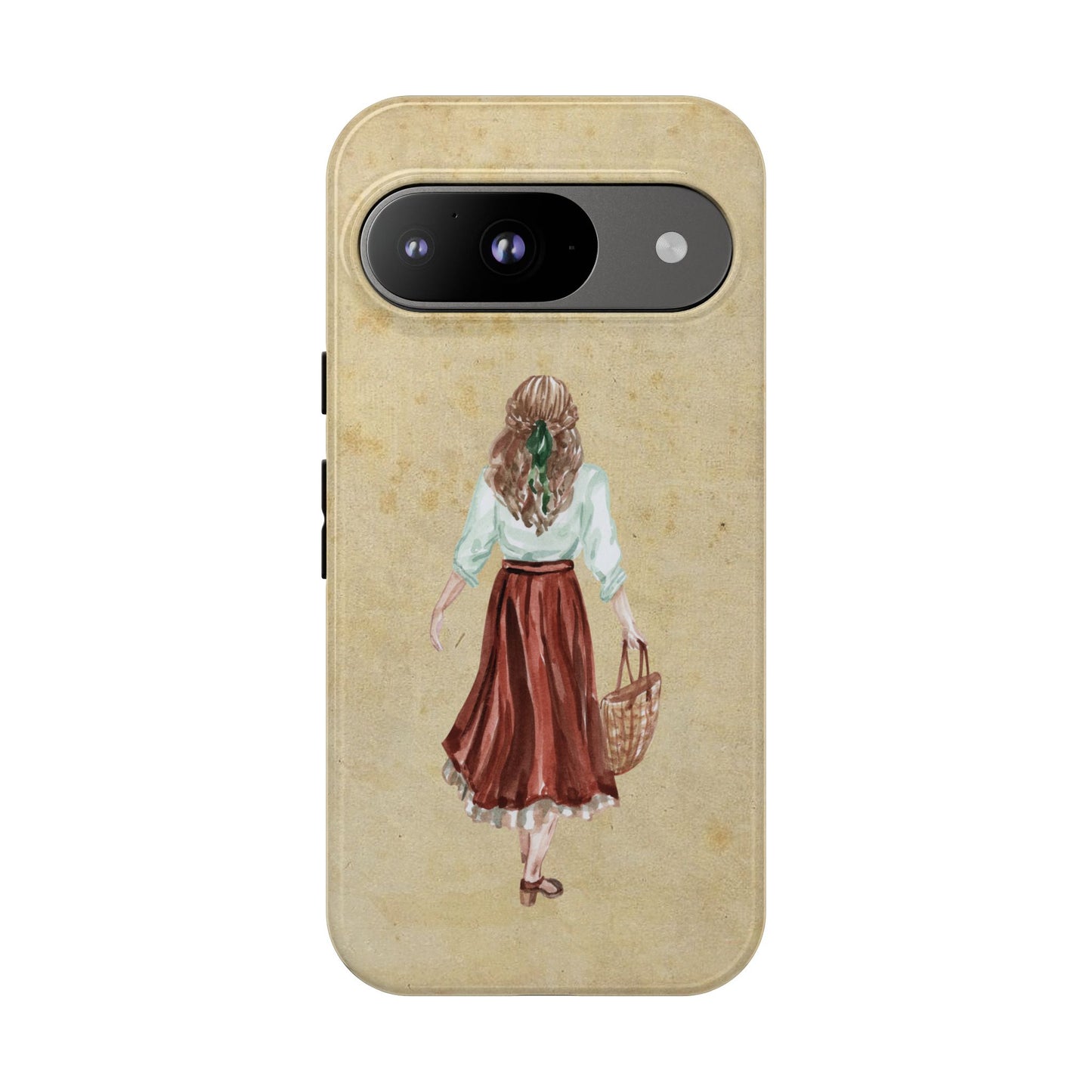 Minimal Vintage Girl with Bag Phone Case – Aesthetic Beige Design for iPhone, Samsung & Google Pixel