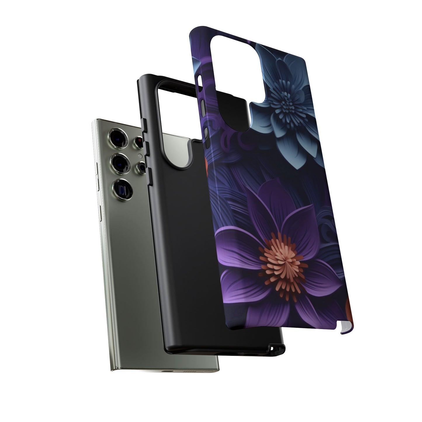 3D Floral Elegance Mobile Case – Midnight Blue & Purple Bloom