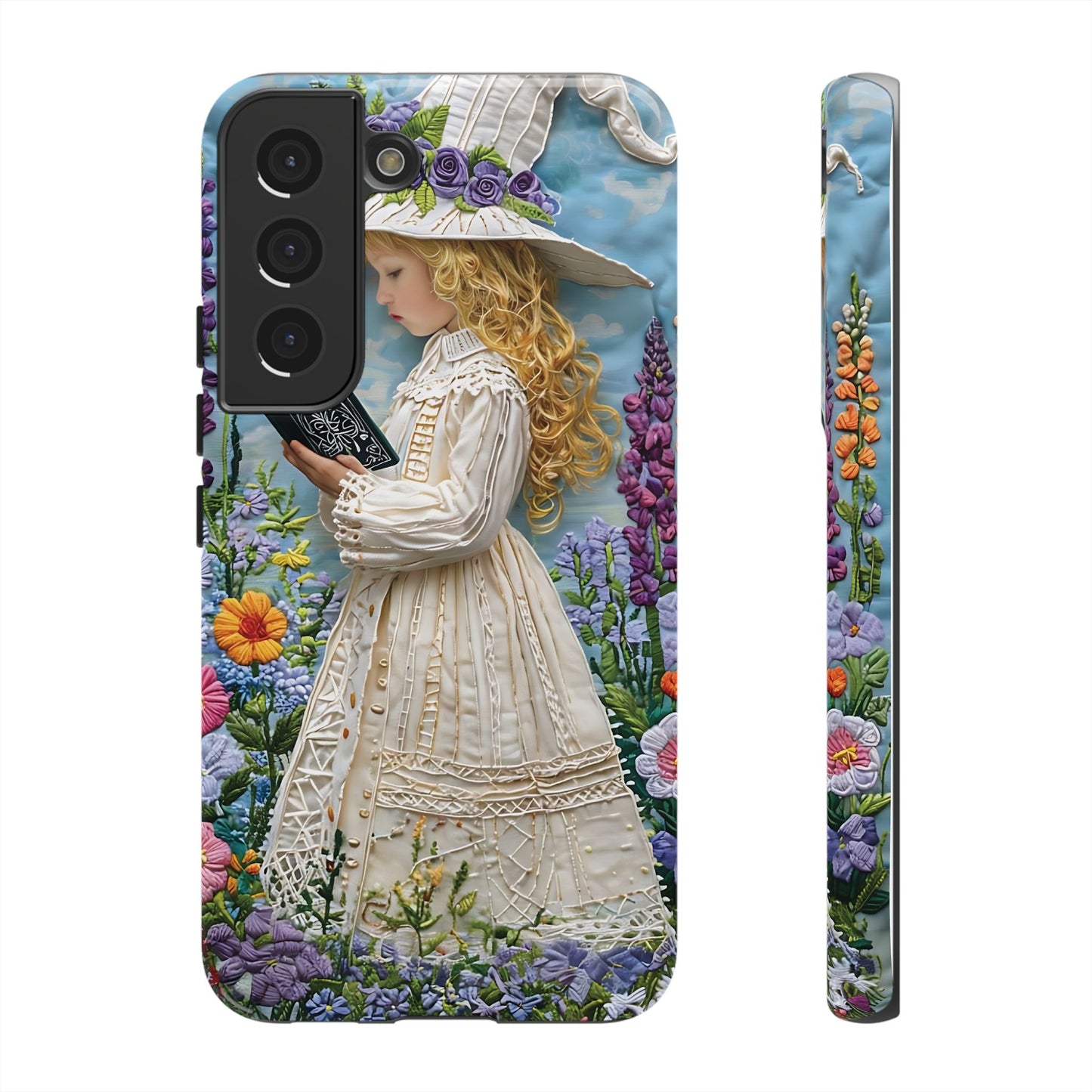 Whimsical Embroidery Of A Girl Reading In A Garden phone case design.
