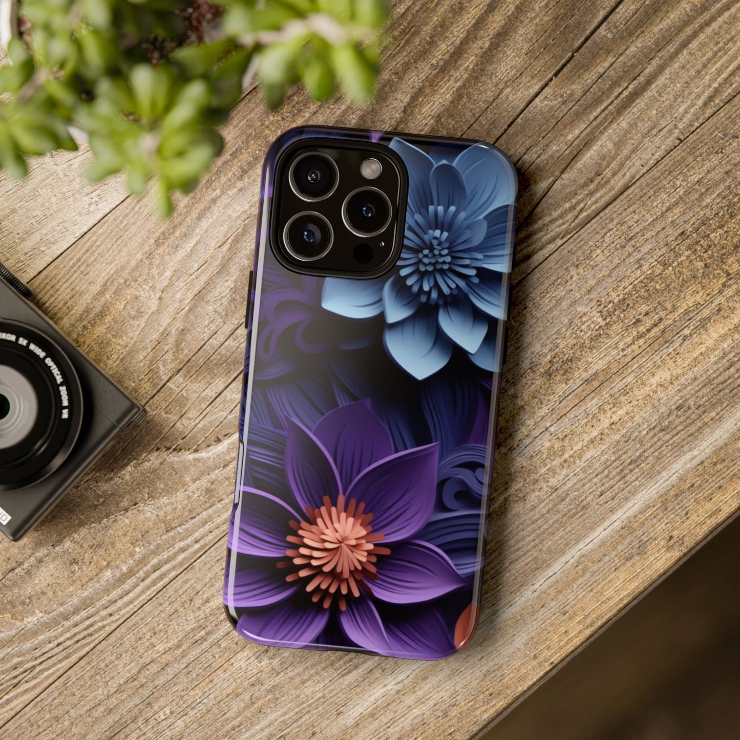 3D Floral Elegance Mobile Case – Midnight Blue & Purple Bloom