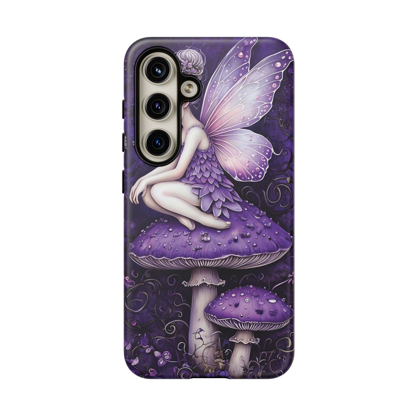Whimsical Fairy Seated On Purple Mushroom In Enchanting Scene phone case design.