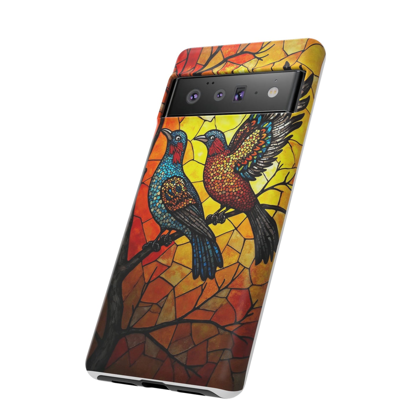 Vibrant Hummingbirds with Stained Glass Charm