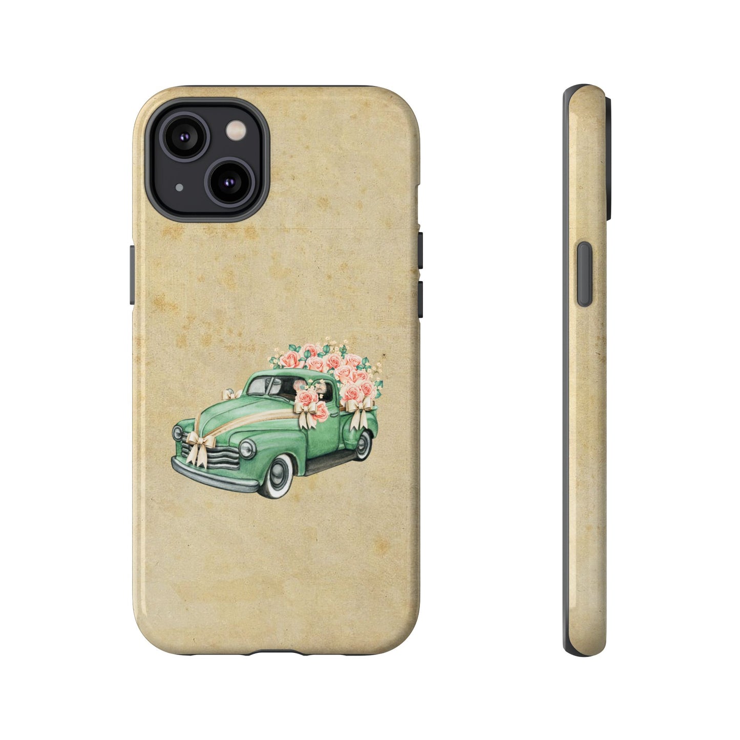 Minimal Vintage Floral Car Phone Case – Green Classic Car on Beige Background – for iPhone, Samsung & Google Pixel