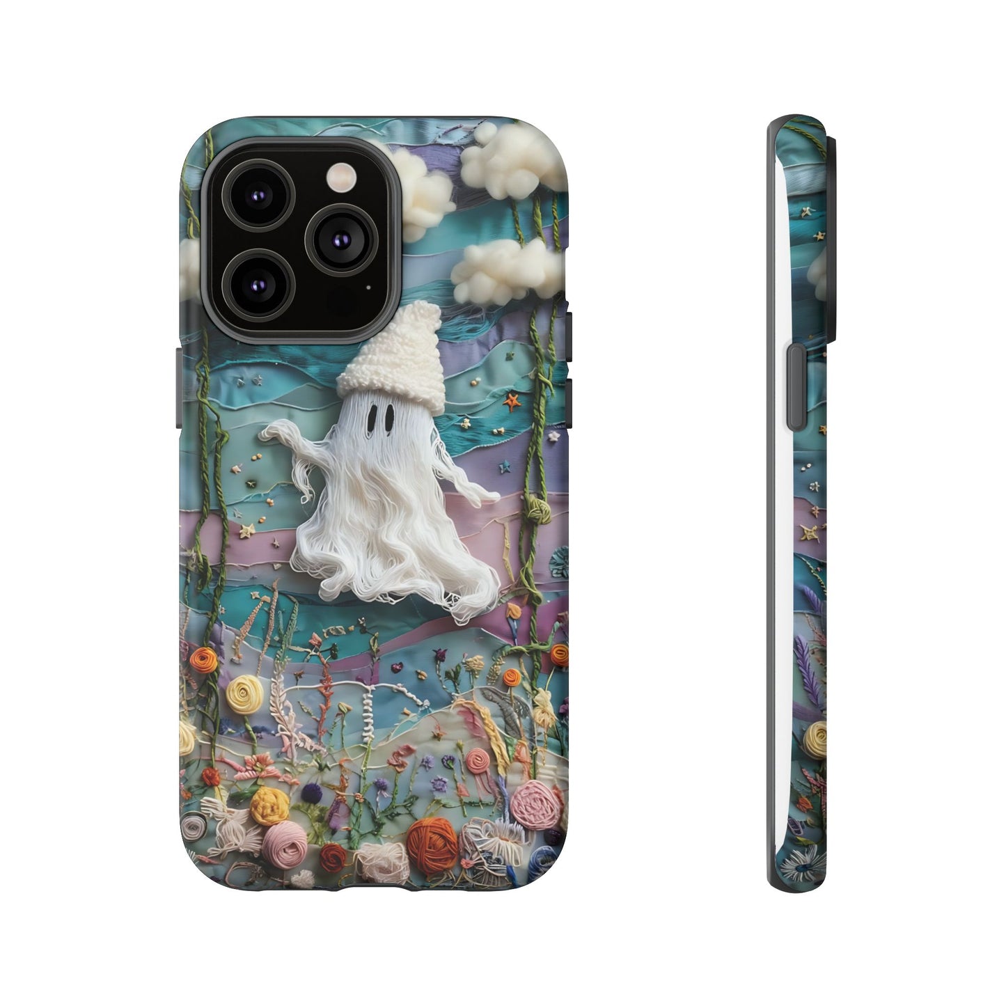 Whimsical Ghost Surrounded By Vibrant Embroidered Flowers phone case design.