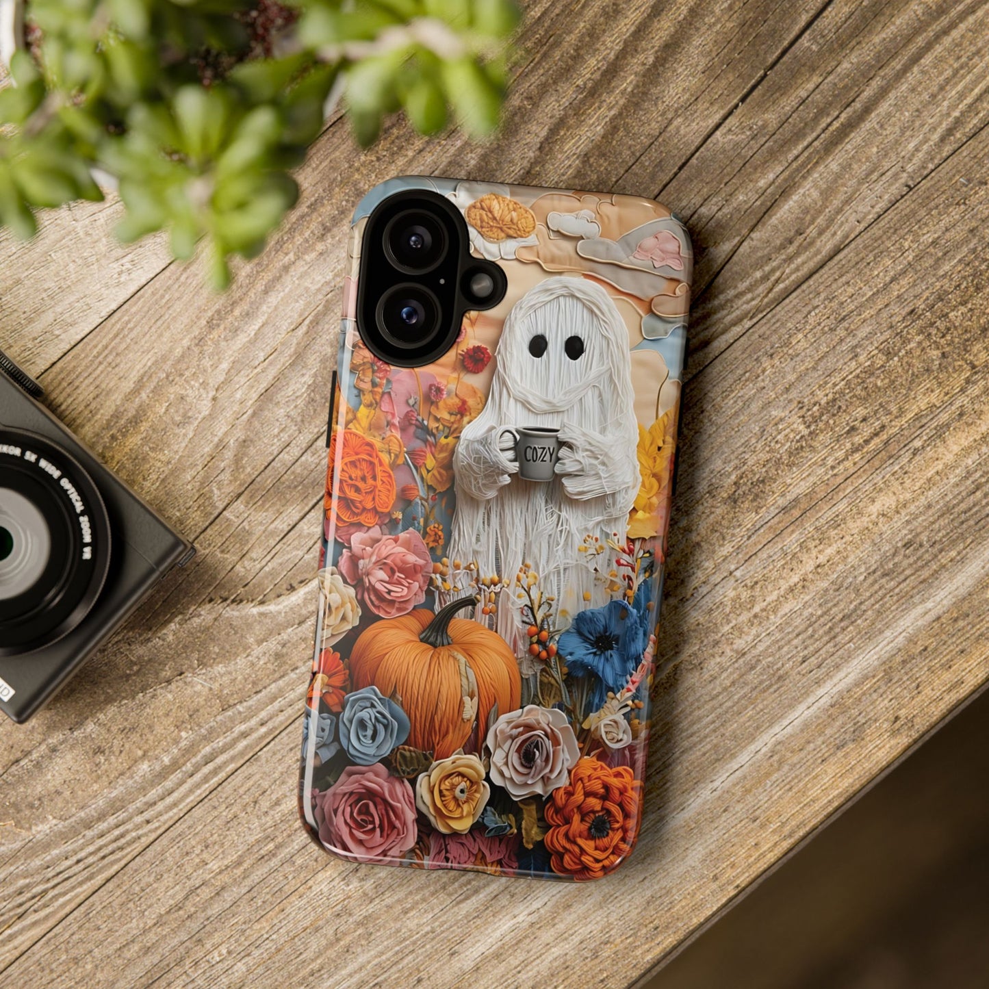 Colorful Whimsical Artwork of Ghost in Autumn Scene phone case design.