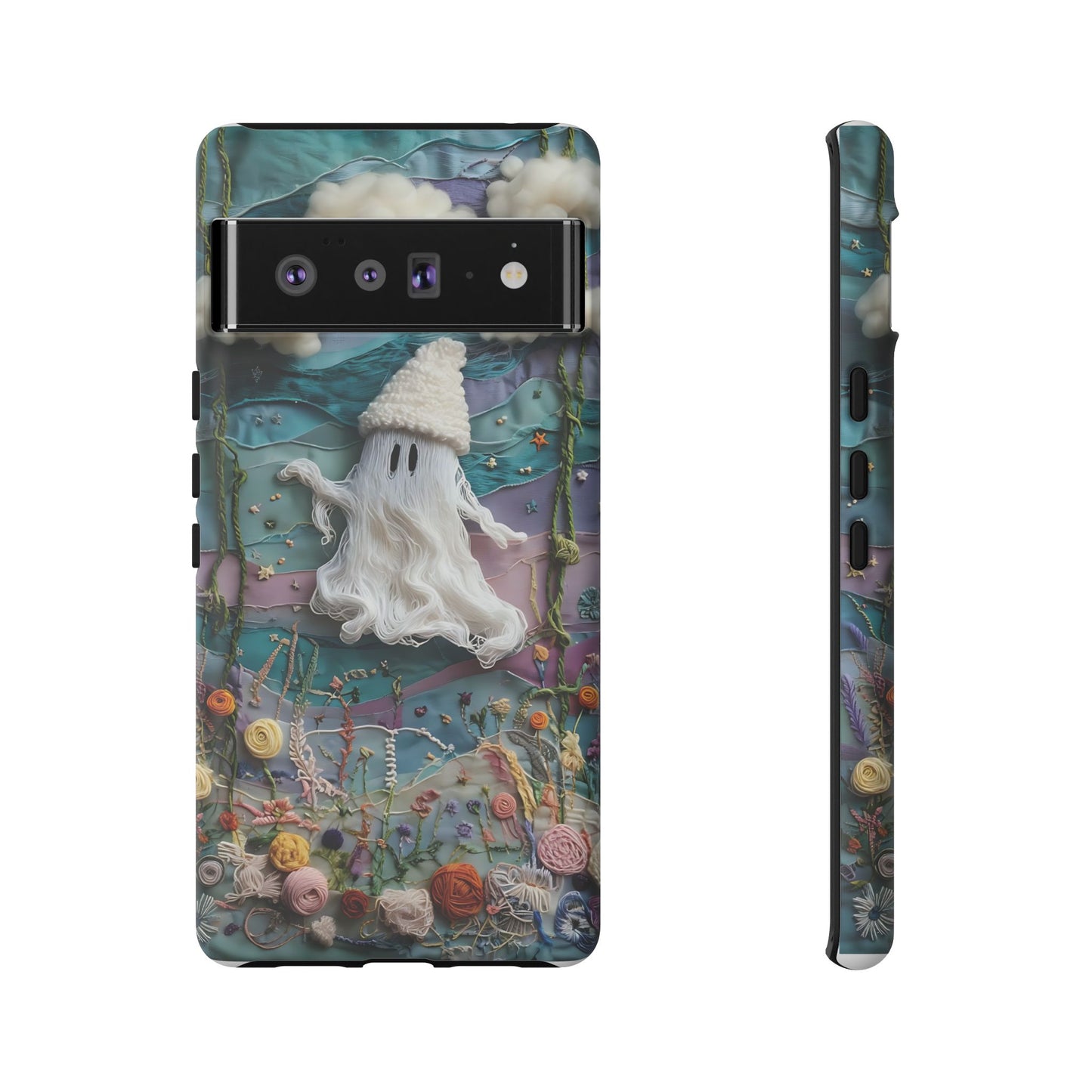 Whimsical Ghost Surrounded By Vibrant Embroidered Flowers phone case design.