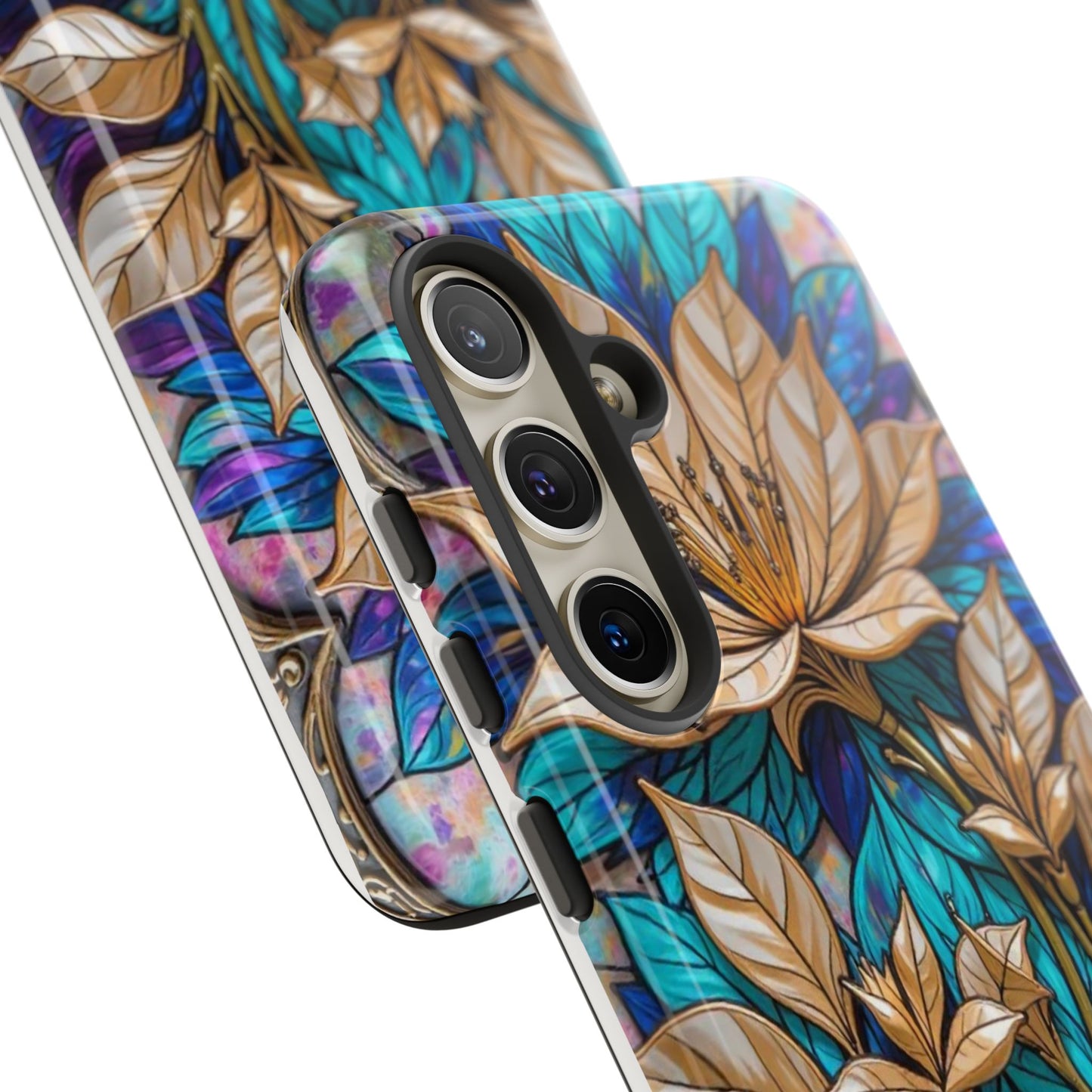 Majestic Golden Blossoms on Mosaic Blue Splendor