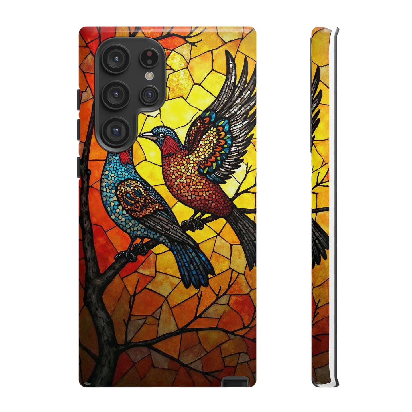 Vibrant Hummingbirds with Stained Glass Charm