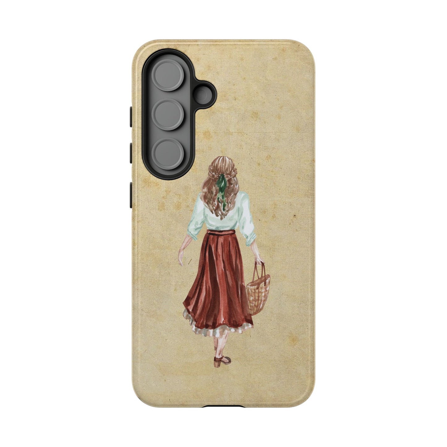 Minimal Vintage Girl with Bag Phone Case – Aesthetic Beige Design for iPhone, Samsung & Google Pixel