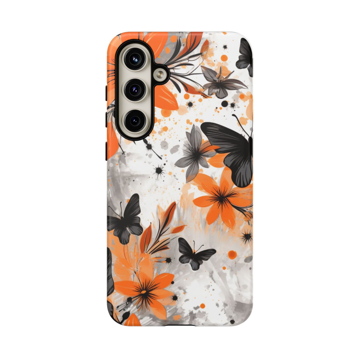 Bold Butterfly & Floral Splash Mobile Cover – Black & Orange Aesthetic
