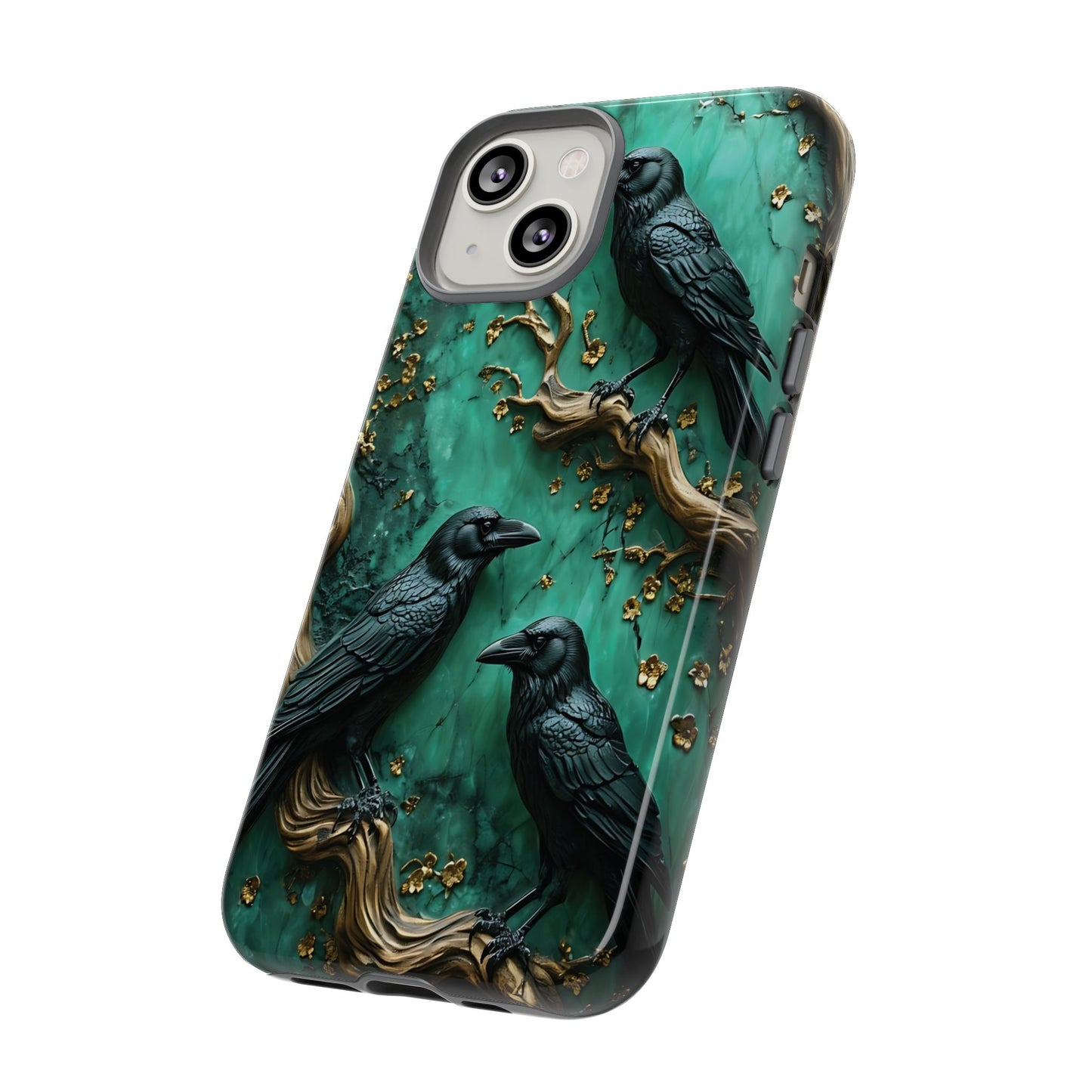 Three Black Ravens Perched On Gold-Accent Branches phone case design